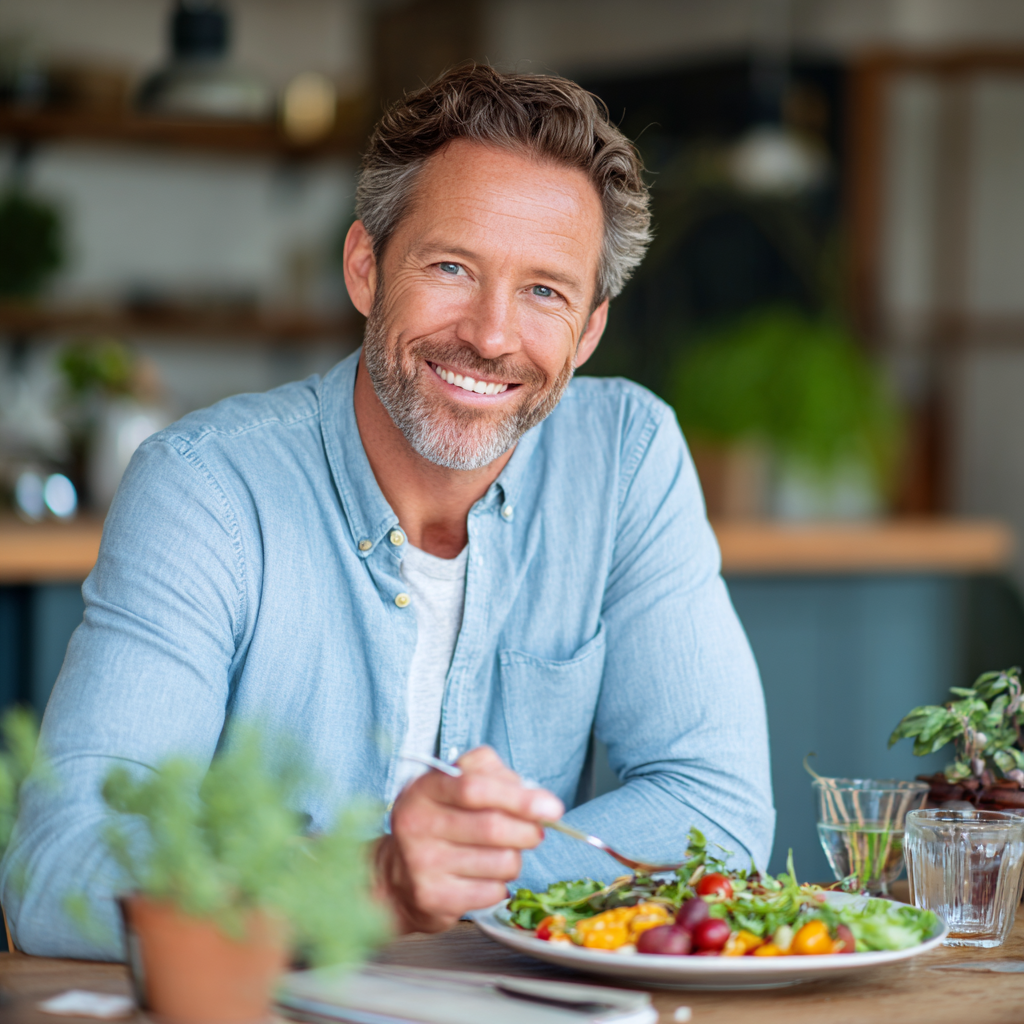 Handsome man in his late forties with graying temples wearing a light blue button-down shirt, sitting at a dining table with a colorful healthy meal in front of him, smiling genuinely while holding a fork, bright kitchen background with plants